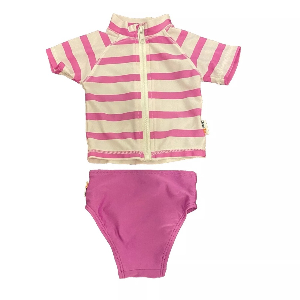 Baby Girl Swimsuit By Swimzip Two Pieces Pink Stripe Rashguard 0-3 Months